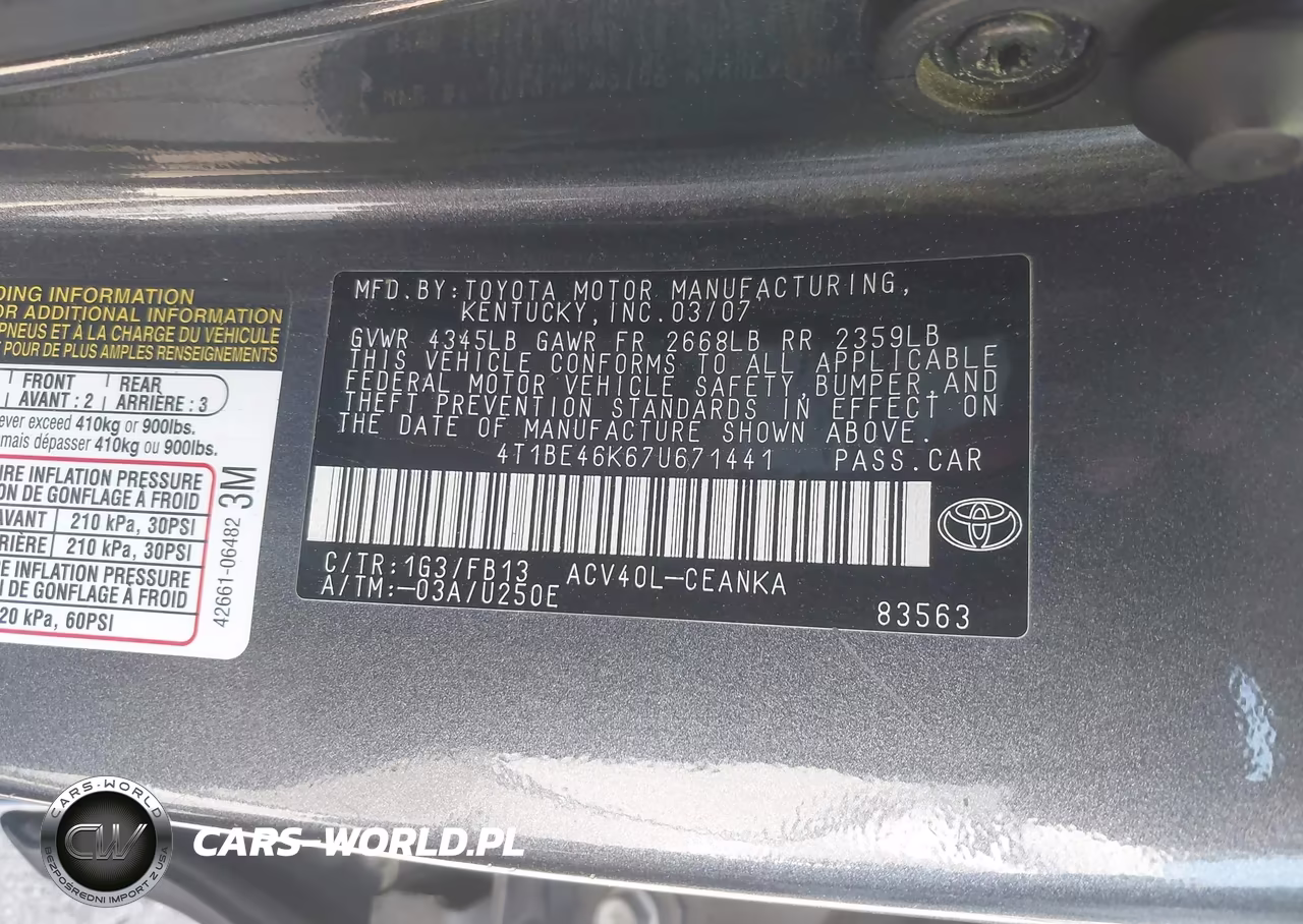 2007 Toyota Camry Le VIN:4T1BE46K67U671441 - 9