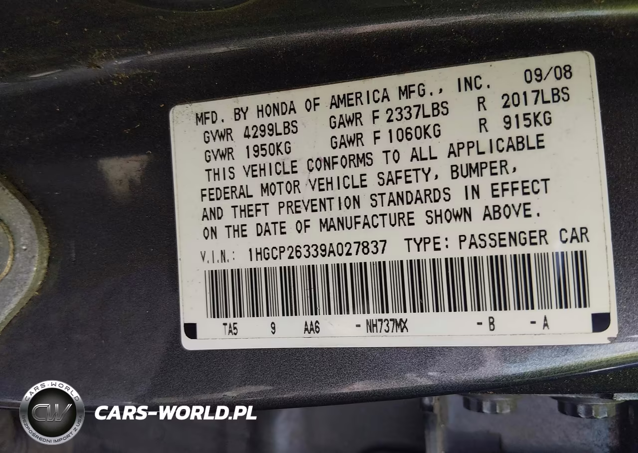 2009 Honda Accord 2.4 Lx VIN:1HGCP26339A027837 - 9