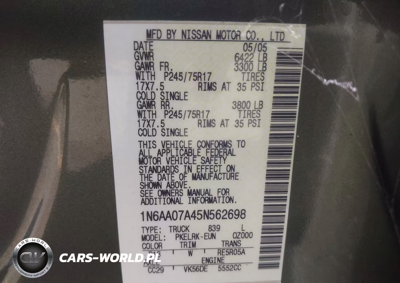 2005 Nissan Titan Xe VIN:1N6AA07A45N562698 - 9