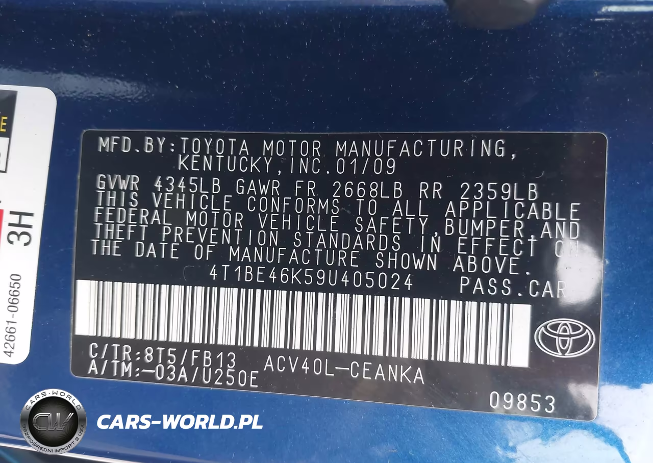 2009 Toyota Camry Le VIN:4T1BE46K59U405024 - 9