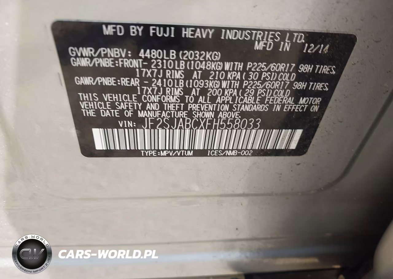 2015 Subaru Forester 2.5I VIN:JF2SJABCXFH558033 - 9
