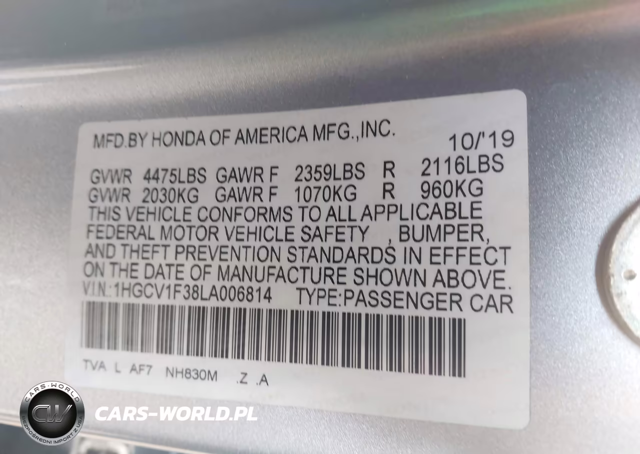 2020 Honda Accord Sport VIN:1HGCV1F38LA006814 - 9