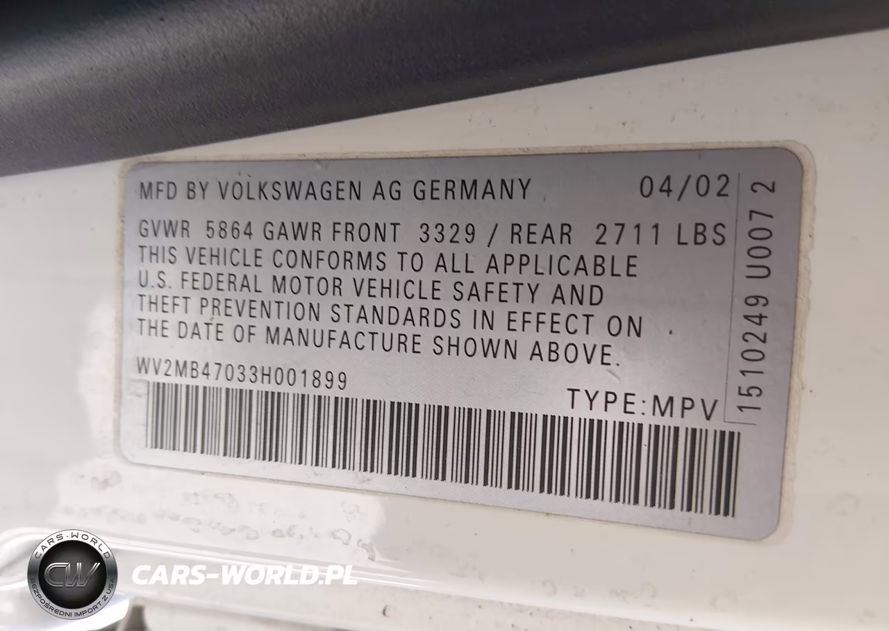 2003 Volkswagen Eurovan Mv VIN:WV2MB47033H001899 - 9