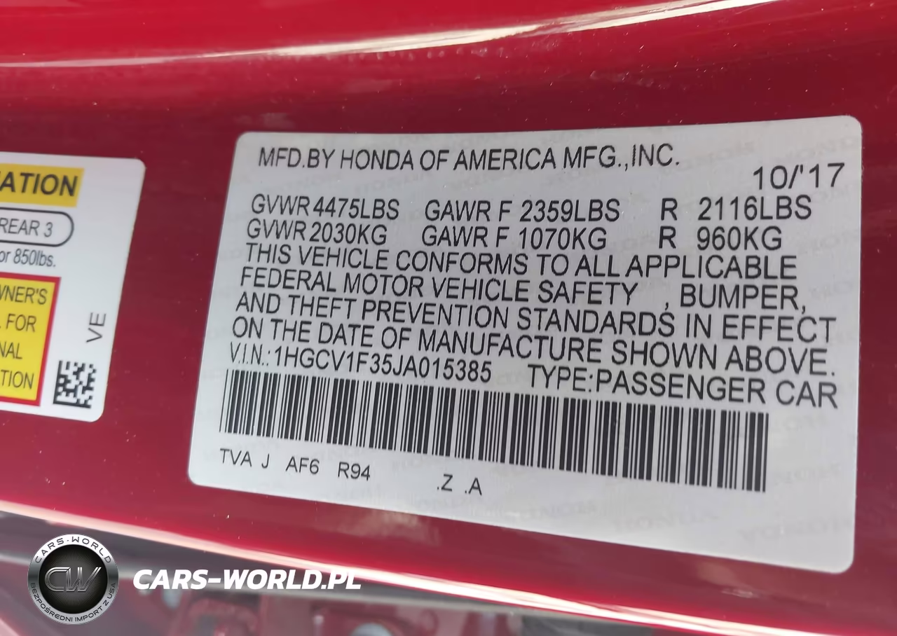 2018 Honda Accord Sport VIN:1HGCV1F35JA015385 - 9