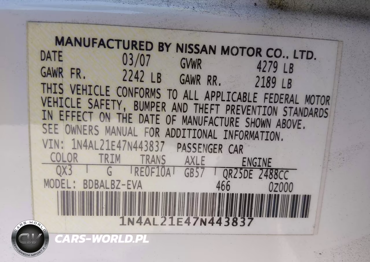 2007 Nissan Altima 2.5 S VIN:1N4AL21E47N443837 - 9