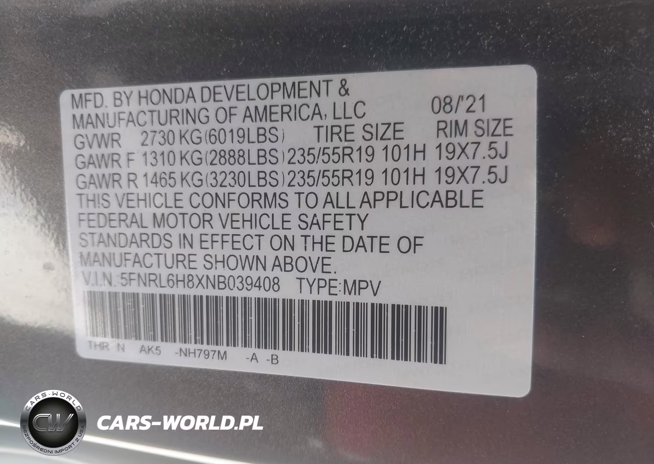 2022 Honda Odyssey Touring VIN:5FNRL6H8XNB039408 - 9