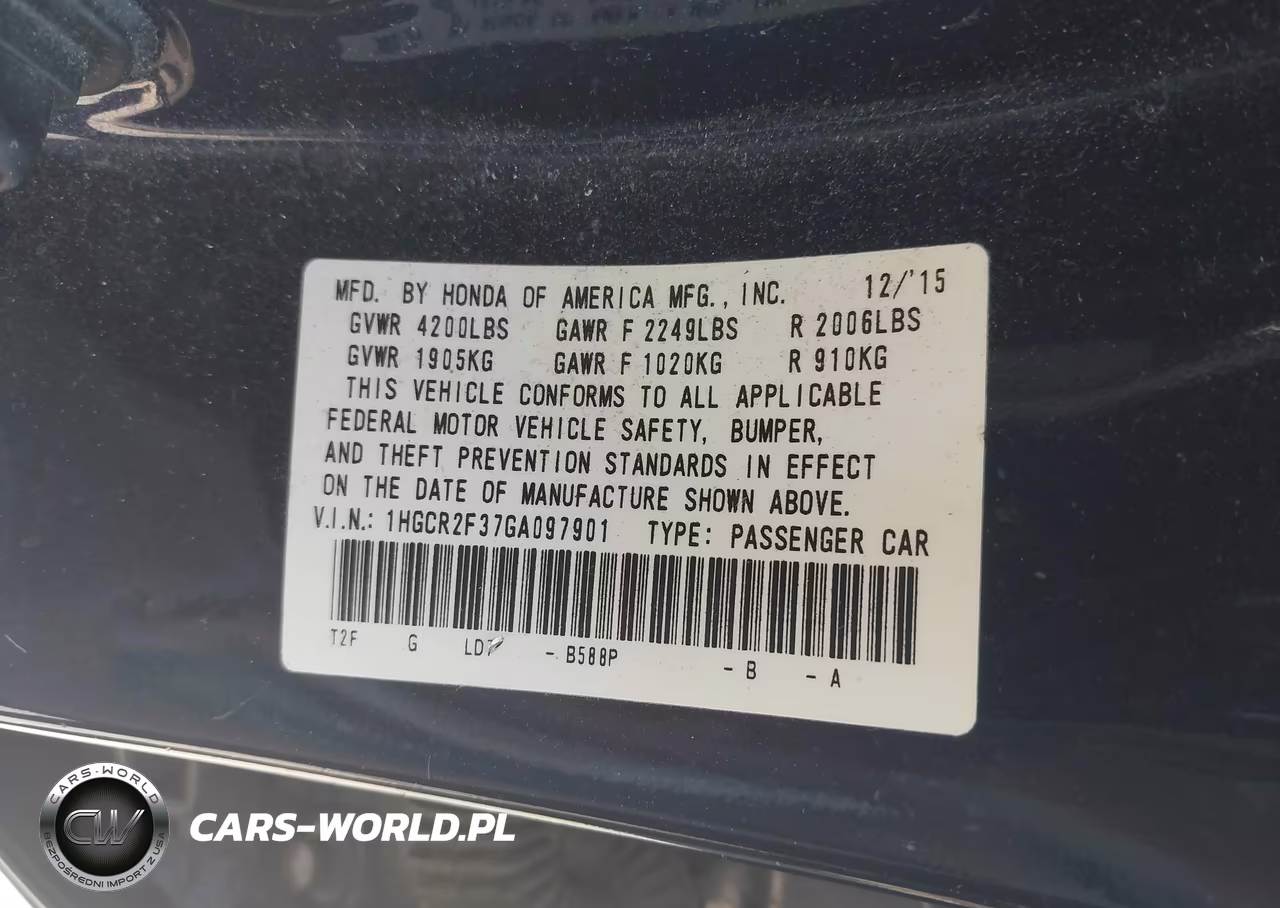 2016 Honda Accord Lx VIN:1HGCR2F37GA097901 - 9