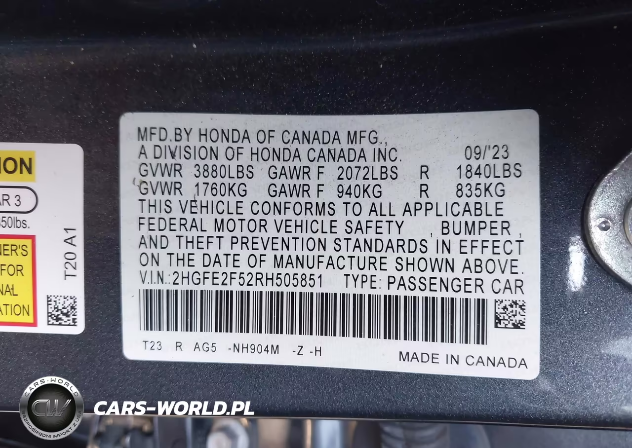 2024 Honda Civic Sport VIN:2HGFE2F52RH505851 - 9