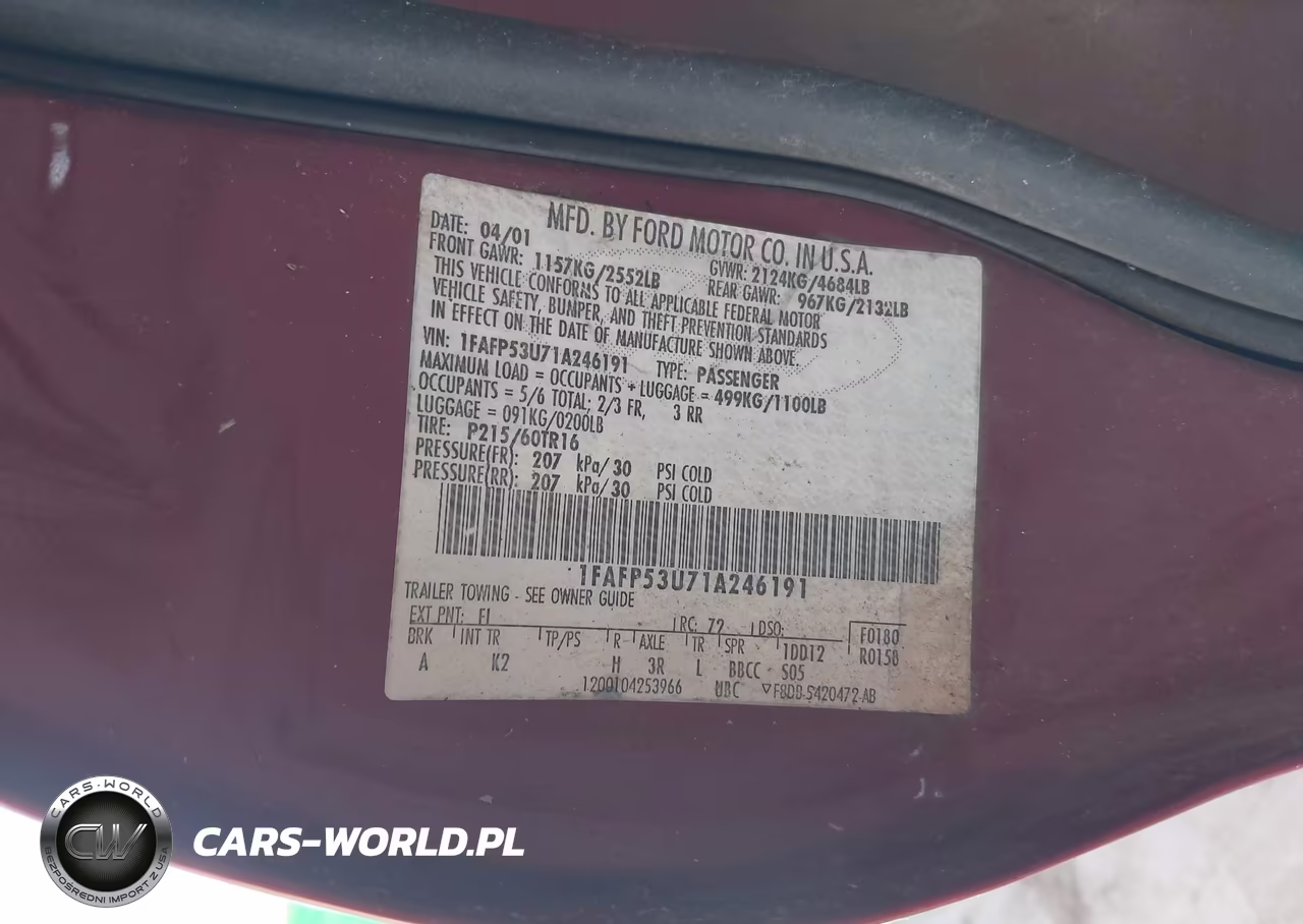 2001 Ford Taurus Se VIN:1FAFP53U71A246191 - 9