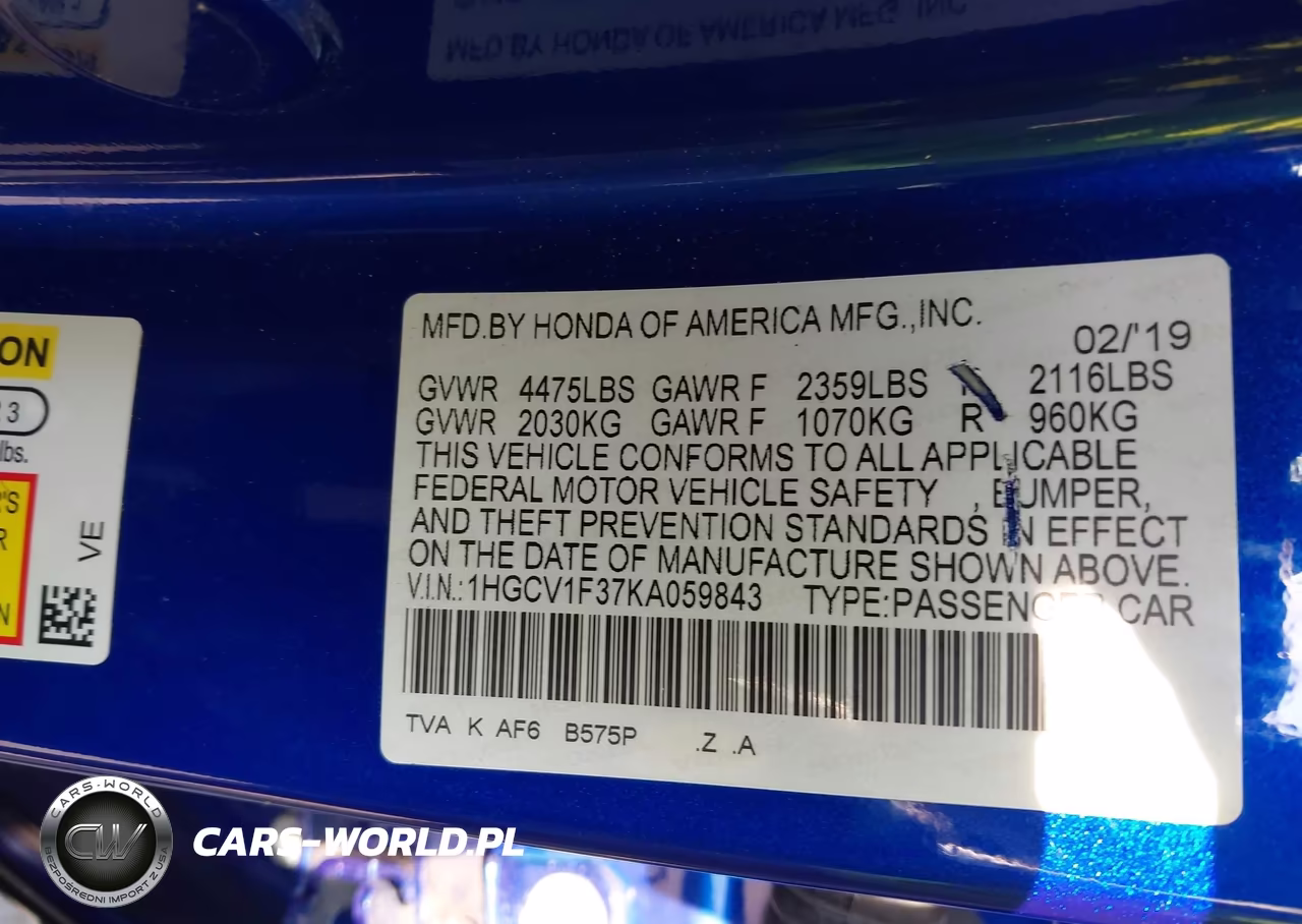 2019 Honda Accord Sport VIN:1HGCV1F37KA059843 - 9