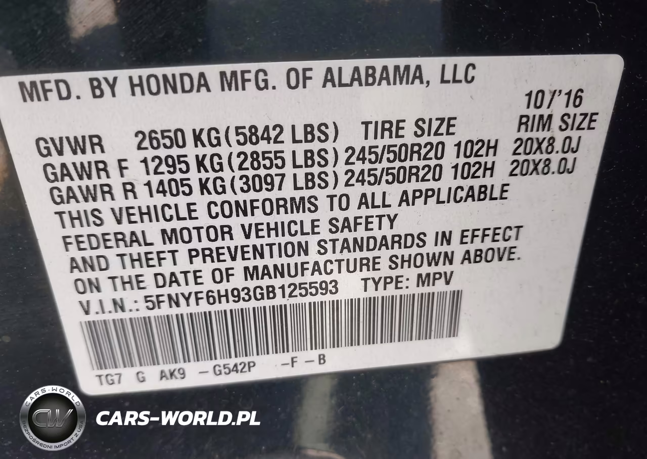 2016 Honda Pilot Touring VIN:5FNYF6H93GB125593 - 9
