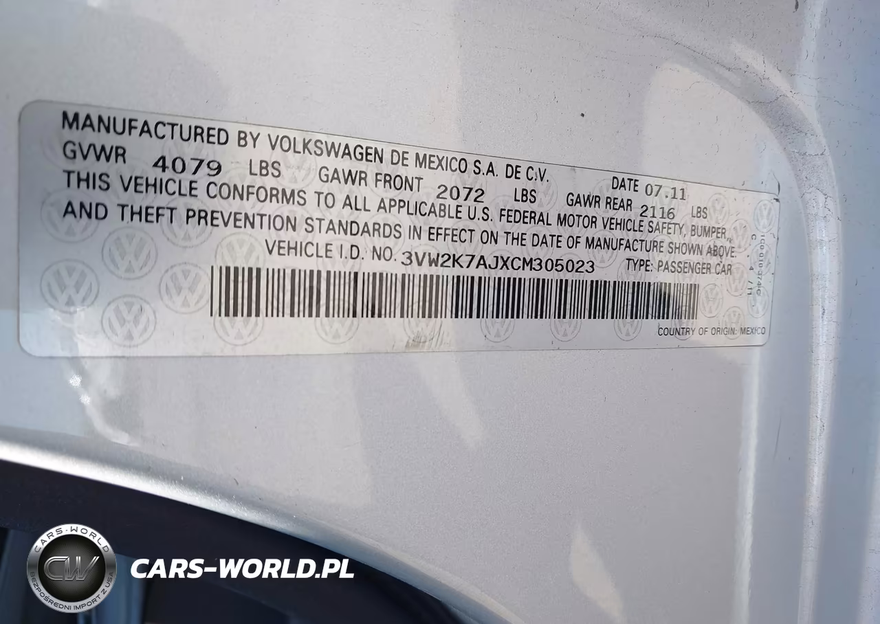 2012 Volkswagen Jetta 2.0L S VIN:3VW2K7AJXCM305023 - 9