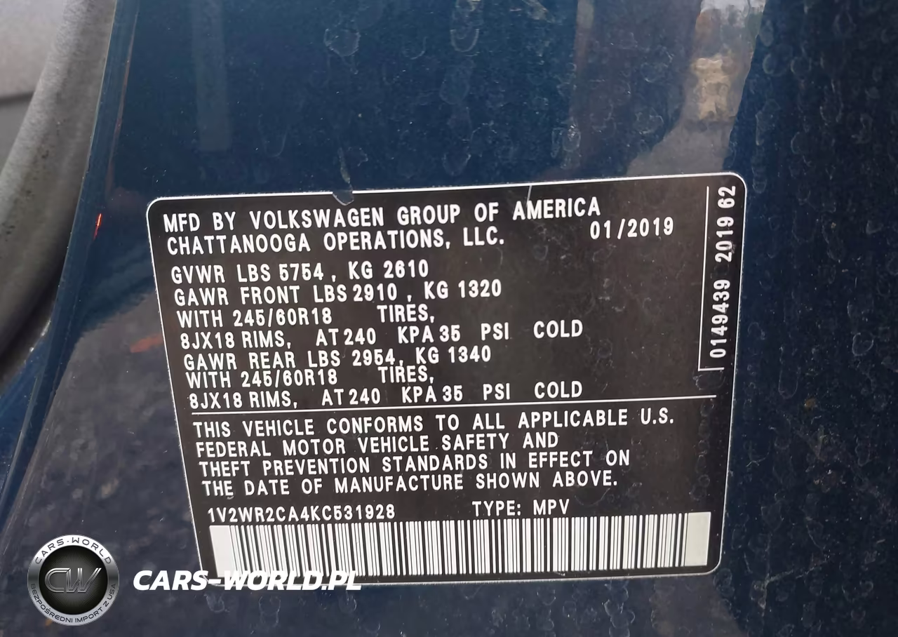 2019 Volkswagen Atlas 3.6L V6 Se W-Technology VIN:1V2WR2CA4KC531928 - 9