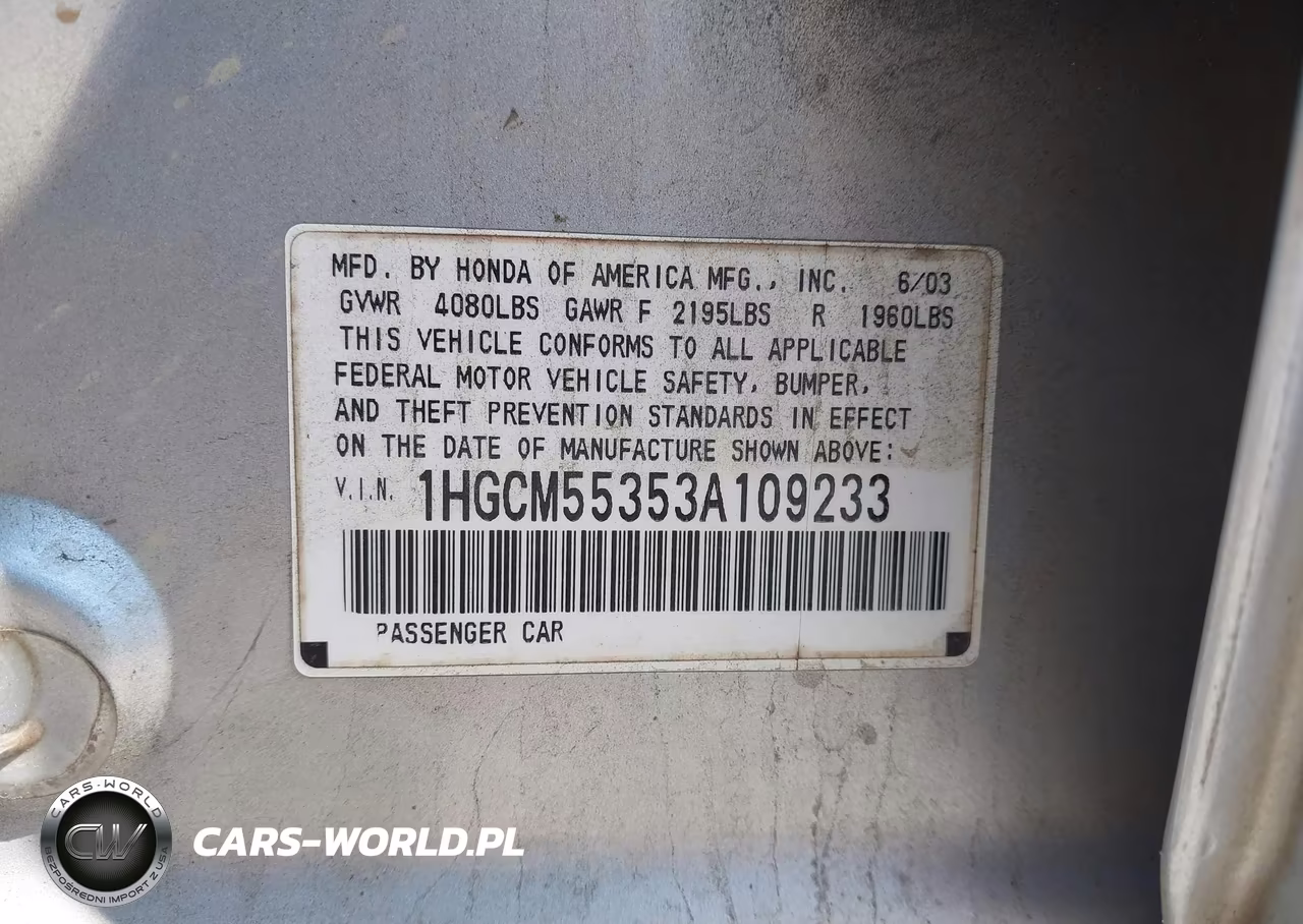 2003 Honda Accord 2.4 Lx VIN:1HGCM55353A109233 - 9