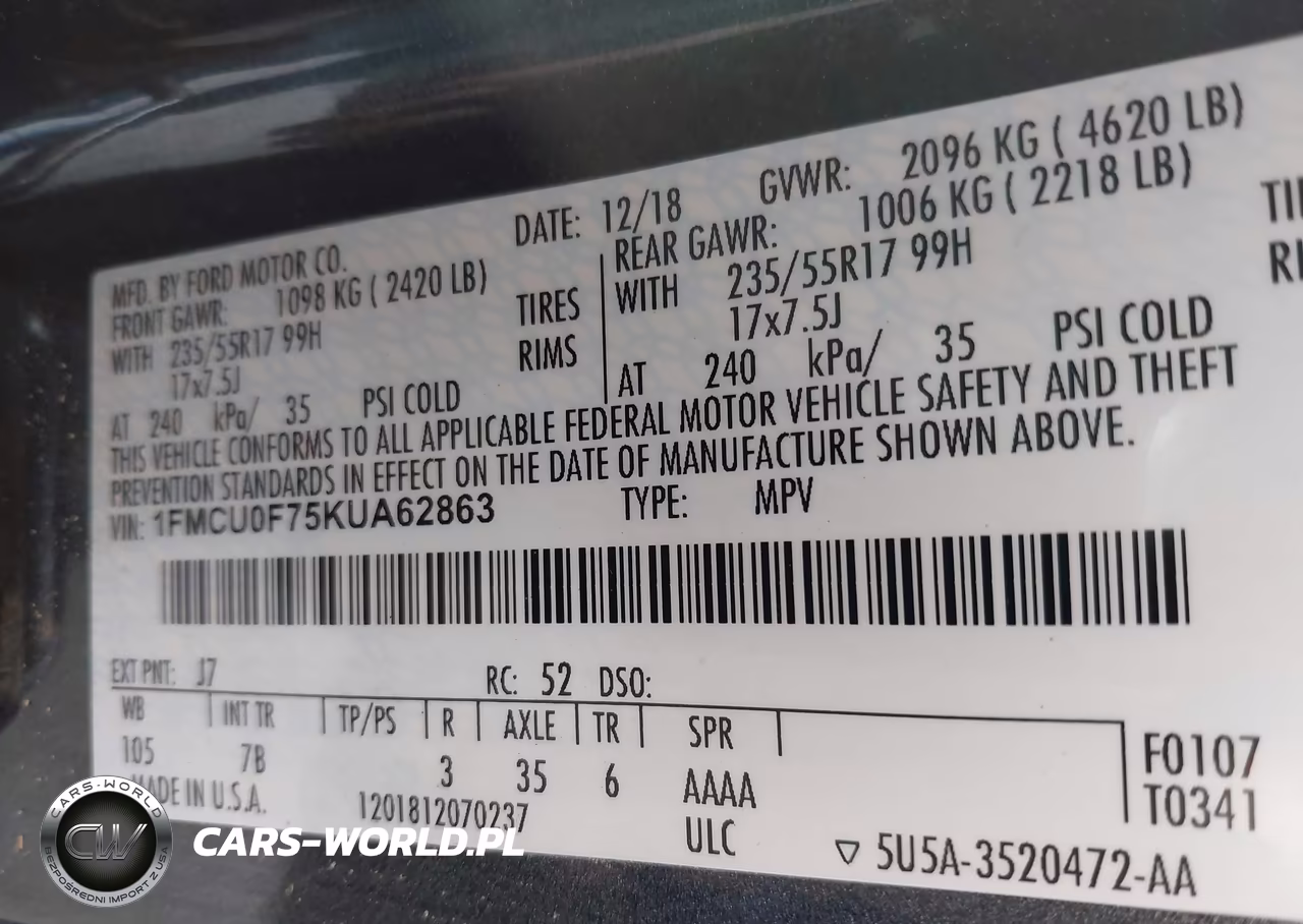 2019 Ford Escape S VIN:1FMCU0F75KUA62863 - 9