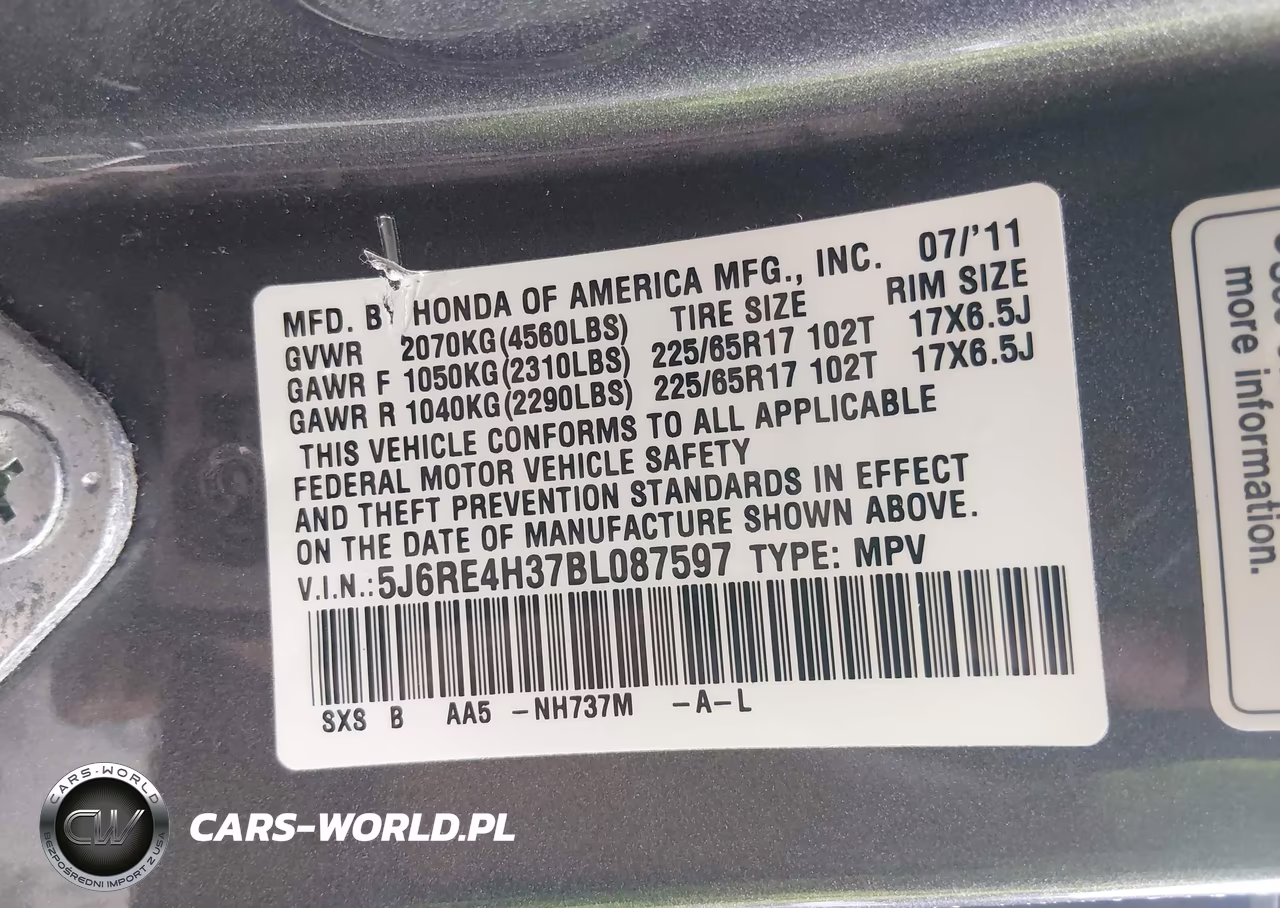 2011 Honda Cr-V Lx VIN:5J6RE4H37BL087597 - 9