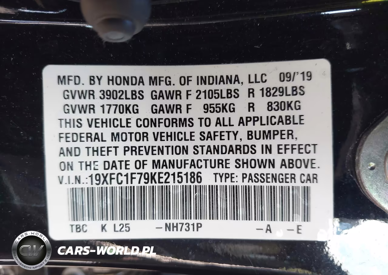 2019 Honda Civic Ex-L VIN:19XFC1F79KE215186 - 9