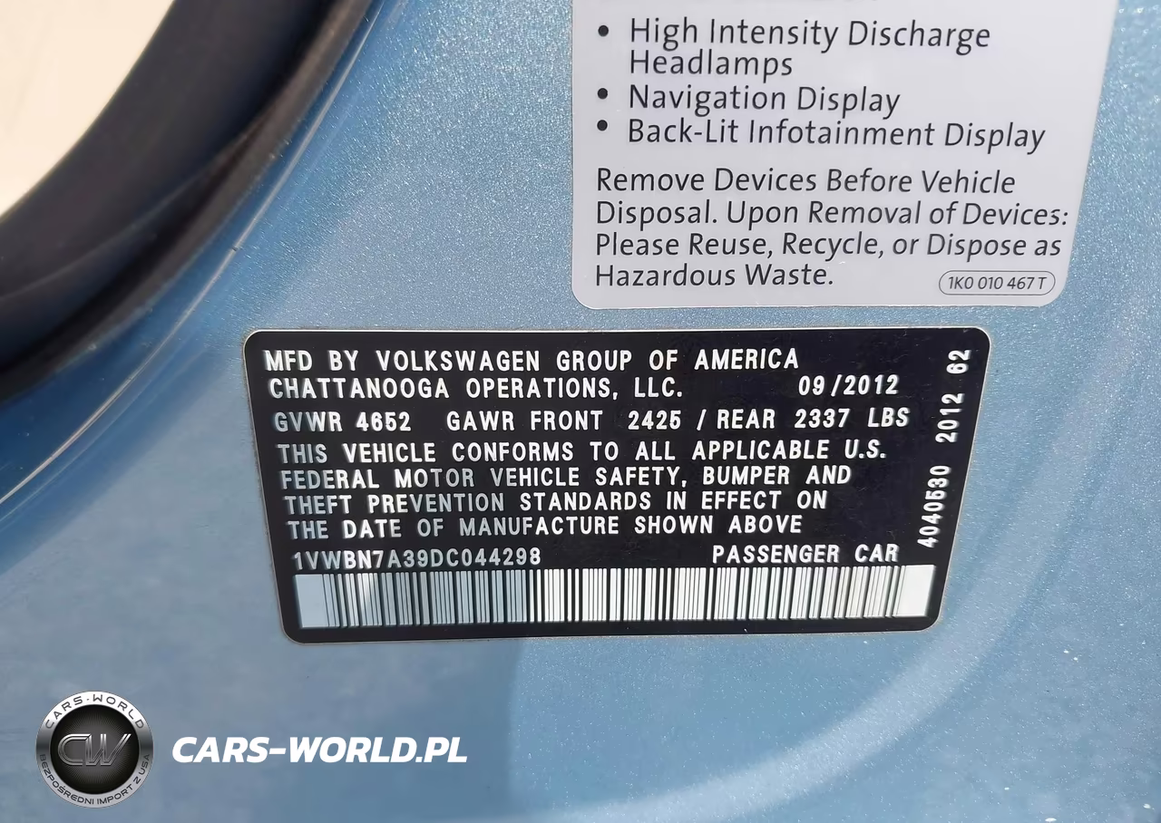 2013 Volkswagen Passat 2.0L Tdi Se VIN:1VWBN7A39DC044298 - 9