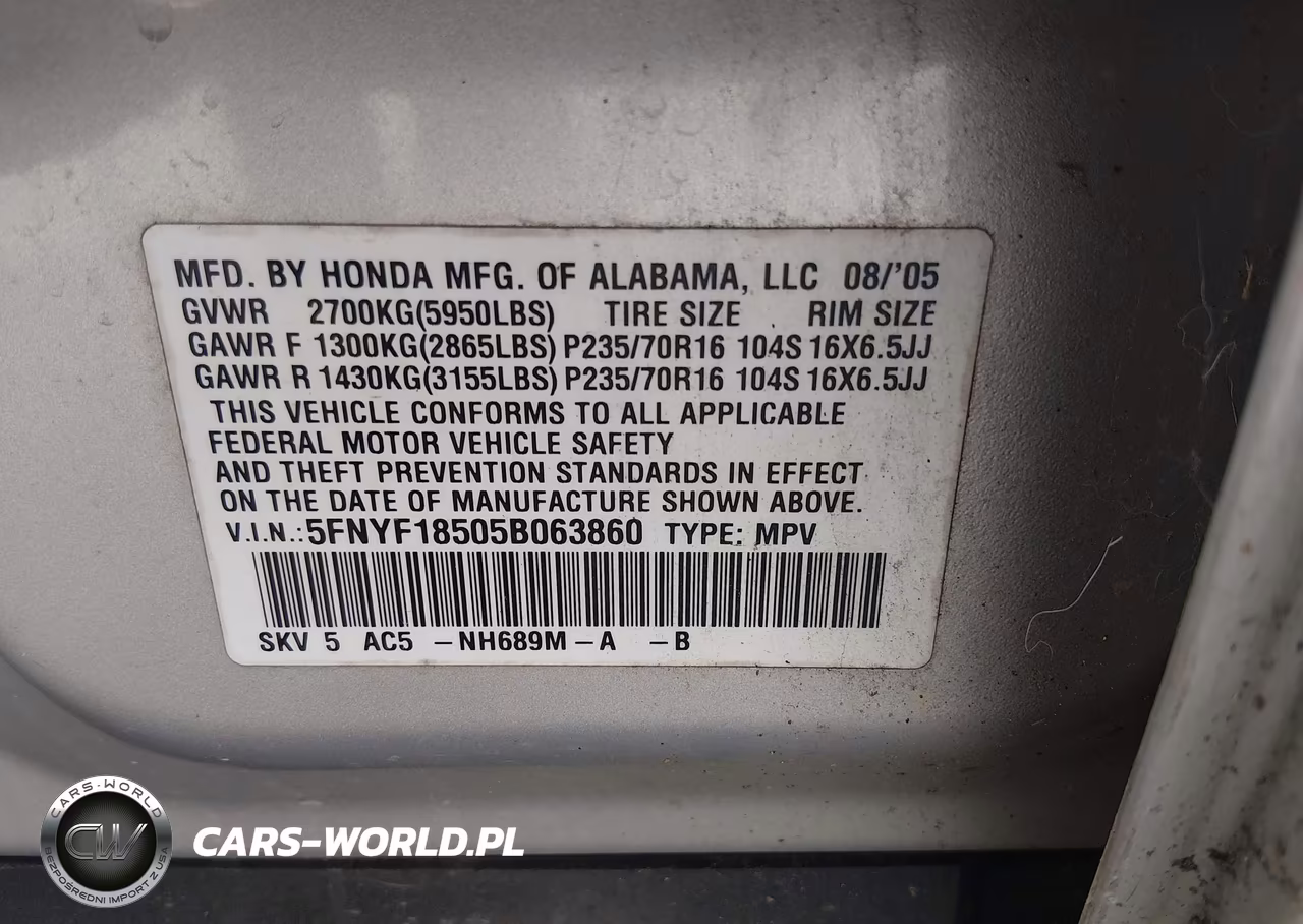 2005 Honda Pilot Ex-L VIN:5FNYF18505B063860 - 9