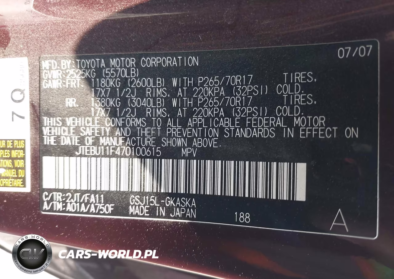 2007 Toyota Fj Cruiser VIN:JTEBU11F470100615 - 9