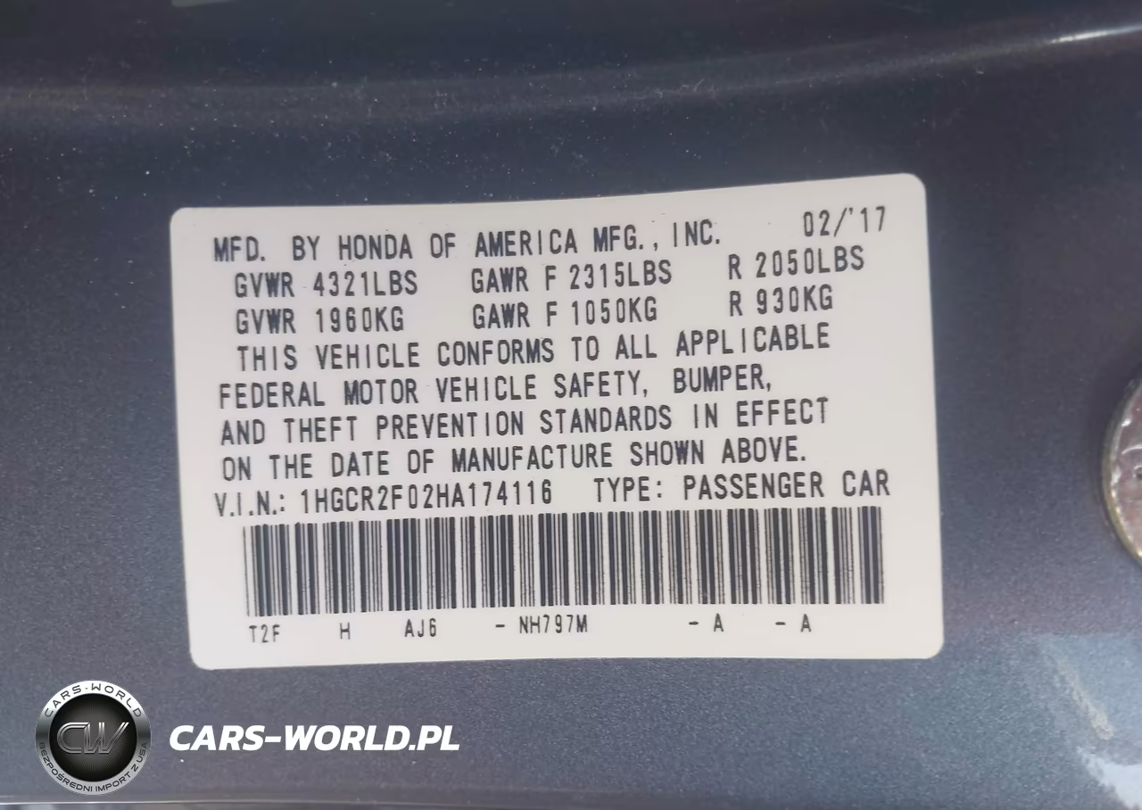 2017 Honda Accord Ex VIN:1HGCR2F02HA174116 - 9