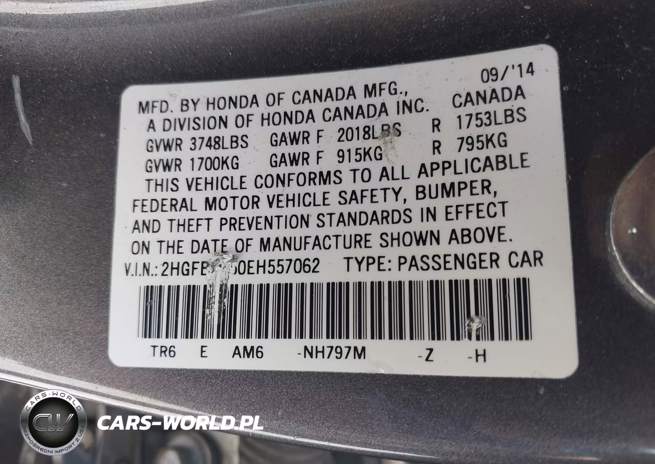 2014 Honda Civic Lx VIN:2HGFB2F50EH557062 - 9
