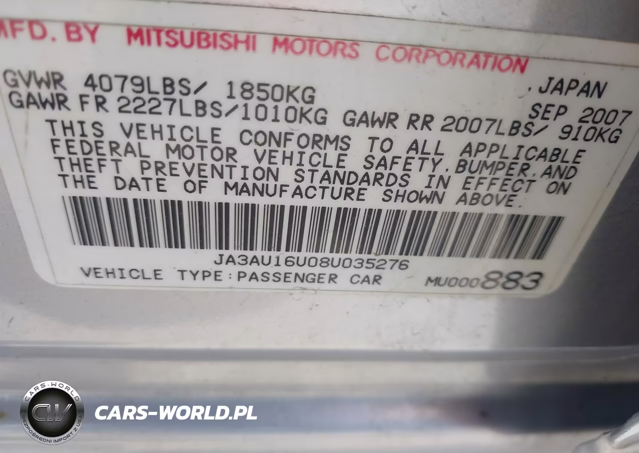 2008 Mitsubishi Lancer De VIN:JA3AU16U08U035276 - 9