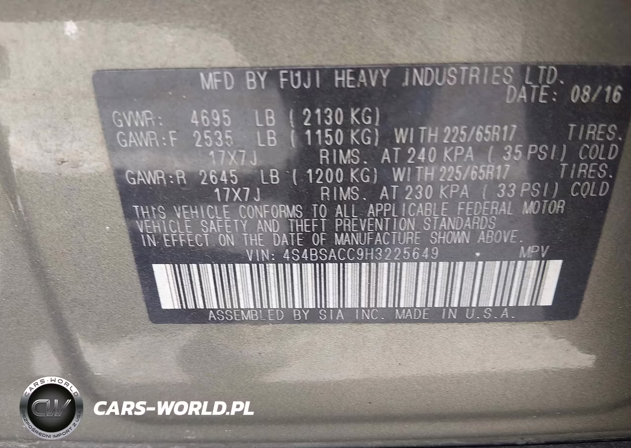 2017 Subaru Outback 2.5I Premium VIN:4S4BSACC9H3225649 - 9