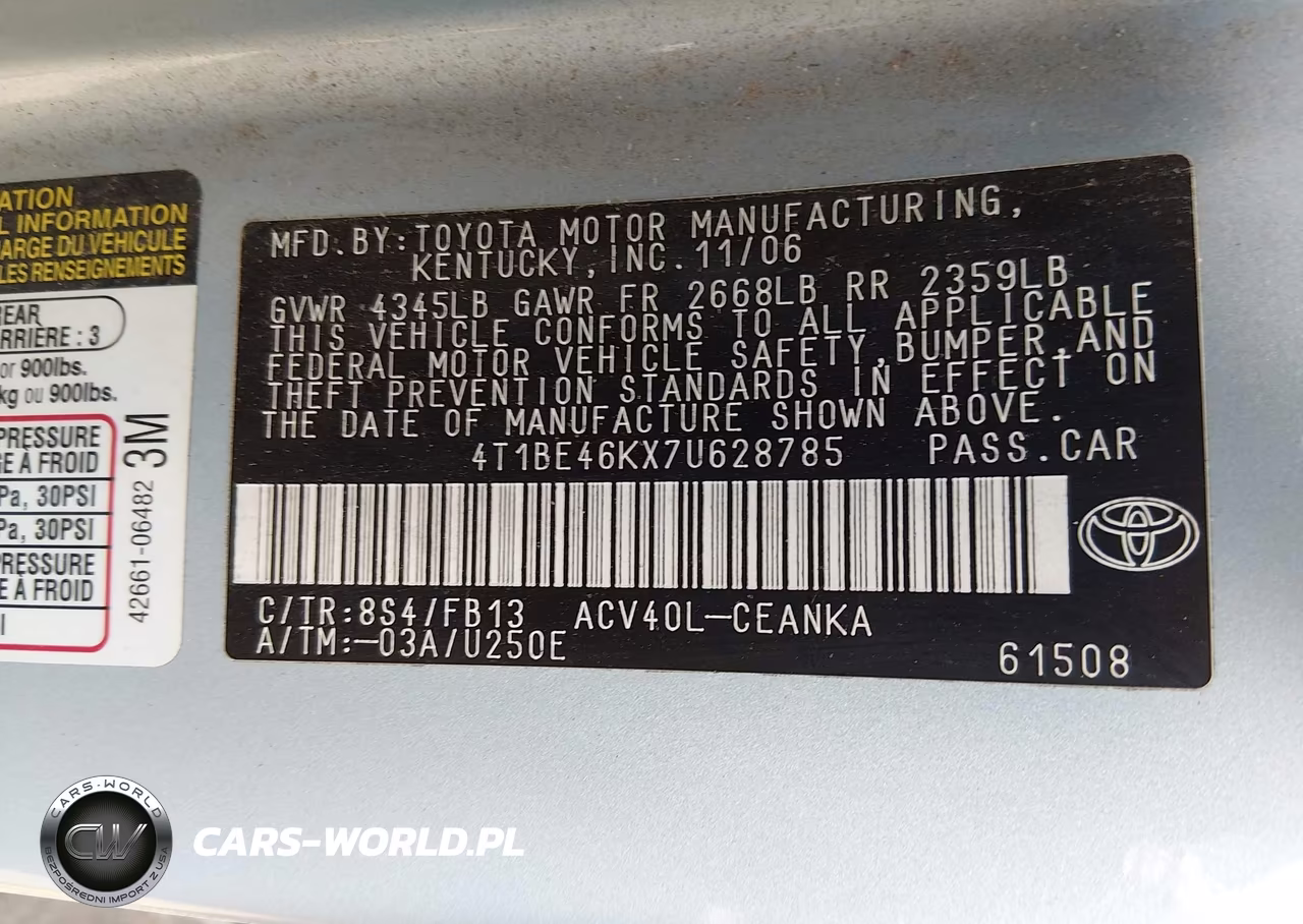 2007 Toyota Camry Le VIN:4T1BE46KX7U628785 - 9