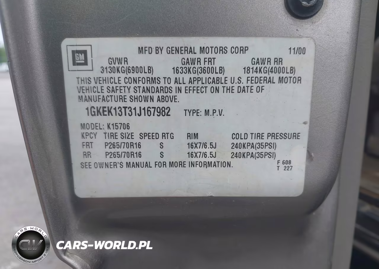 2001 GMC Yukon Sle VIN:1GKEK13T31J167982 - 9