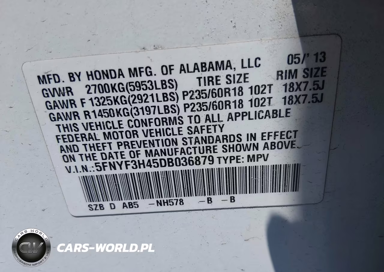 2013 Honda Pilot Ex VIN:5FNYF3H45DB036879 - 9