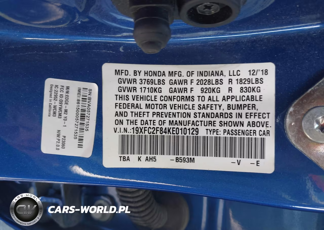 2019 Honda Civic Sport VIN:19XFC2F84KE010129 - 9