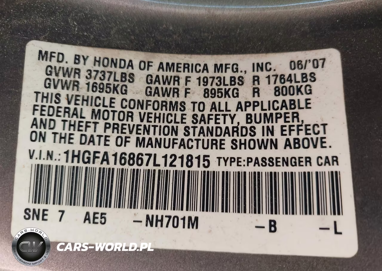 2007 Honda Civic Ex VIN:1HGFA16867L121815 - 9