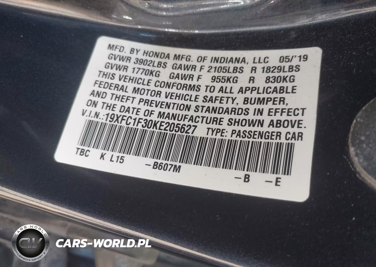 2019 Honda Civic Ex VIN:19XFC1F30KE205627 - 9