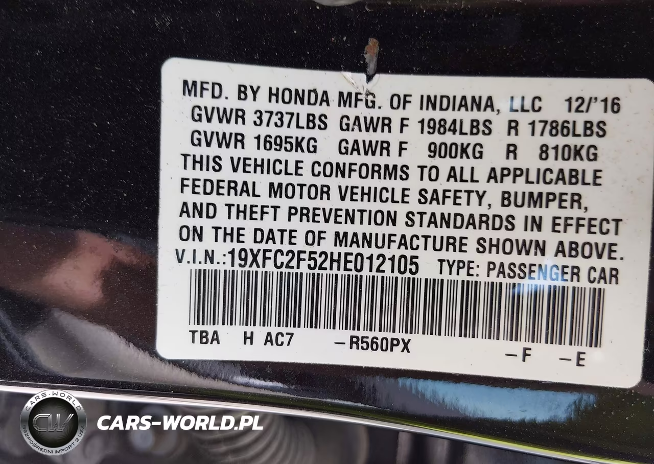 2017 Honda Civic Lx VIN:19XFC2F52HE012105 - 9