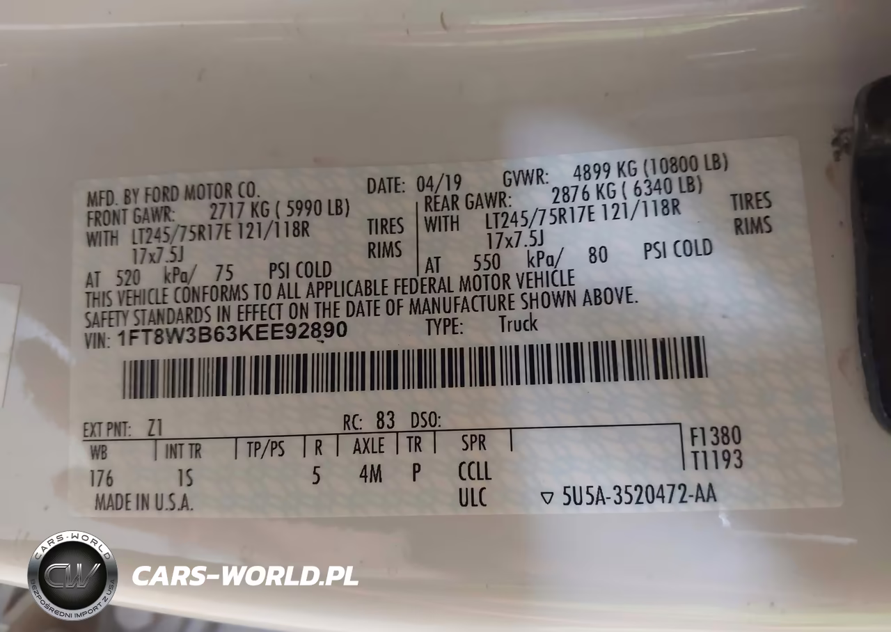 2019 Ford F-350 Xl VIN:1FT8W3B63KEE92890 - 9