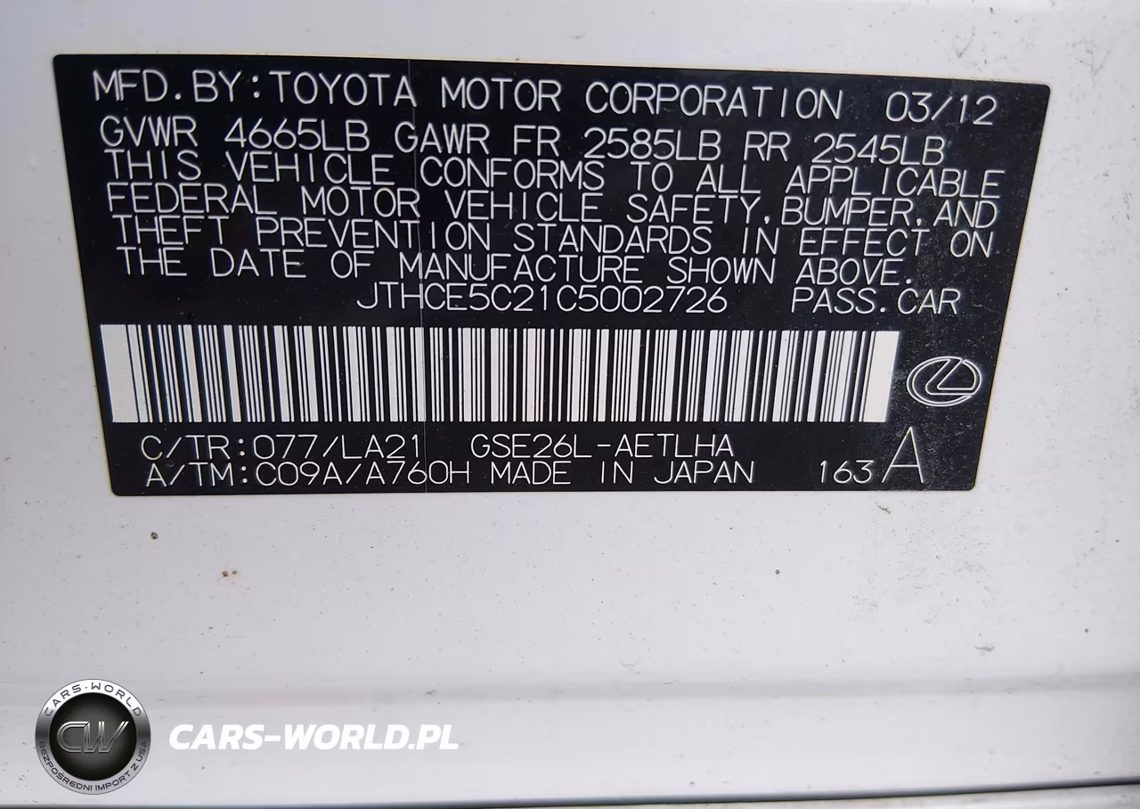 2012 Lexus Is 350 VIN:JTHCE5C21C5002726 - 9