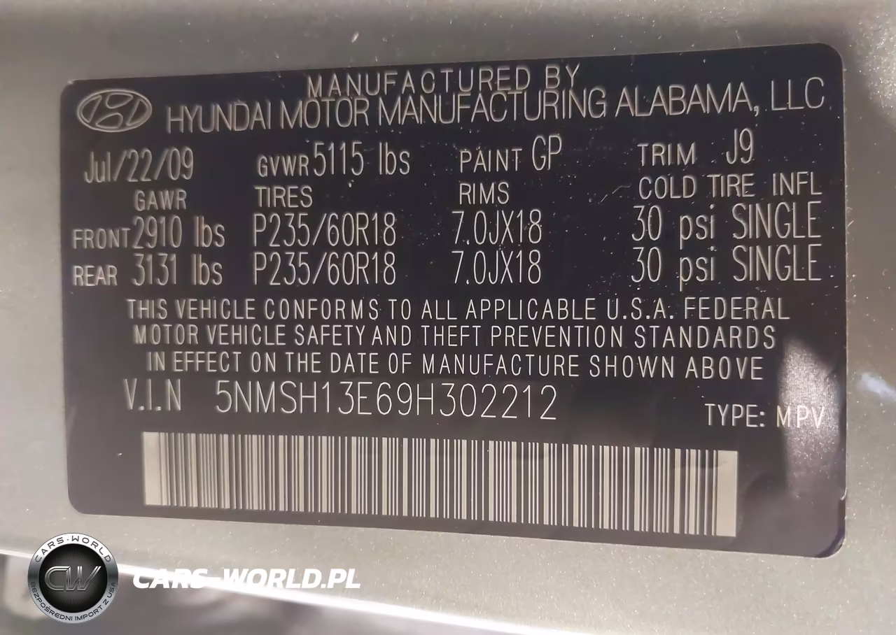 2009 Hyundai Santa Fe Se VIN:5NMSH13E69H302212 - 9