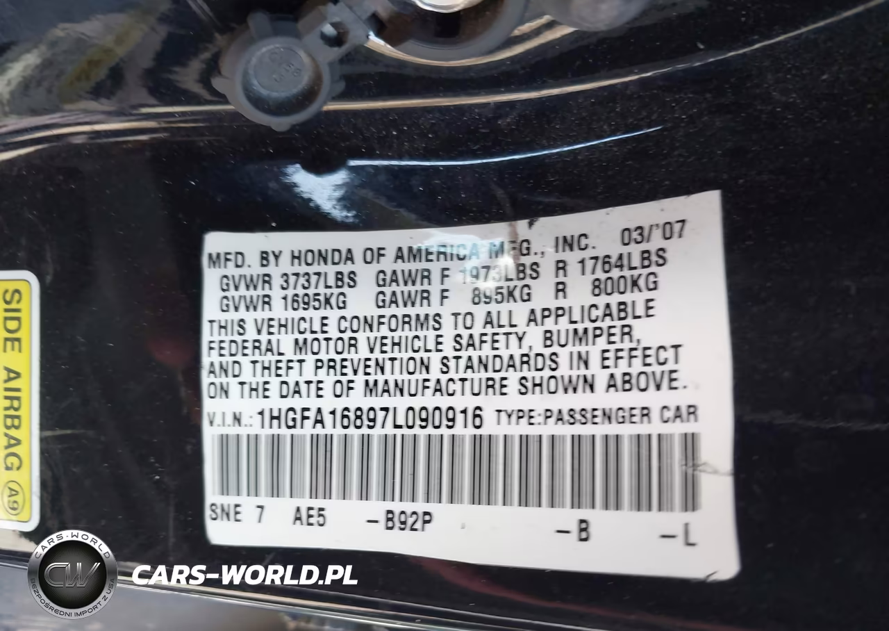 2007 Honda Civic Ex VIN:1HGFA16897L090916 - 9