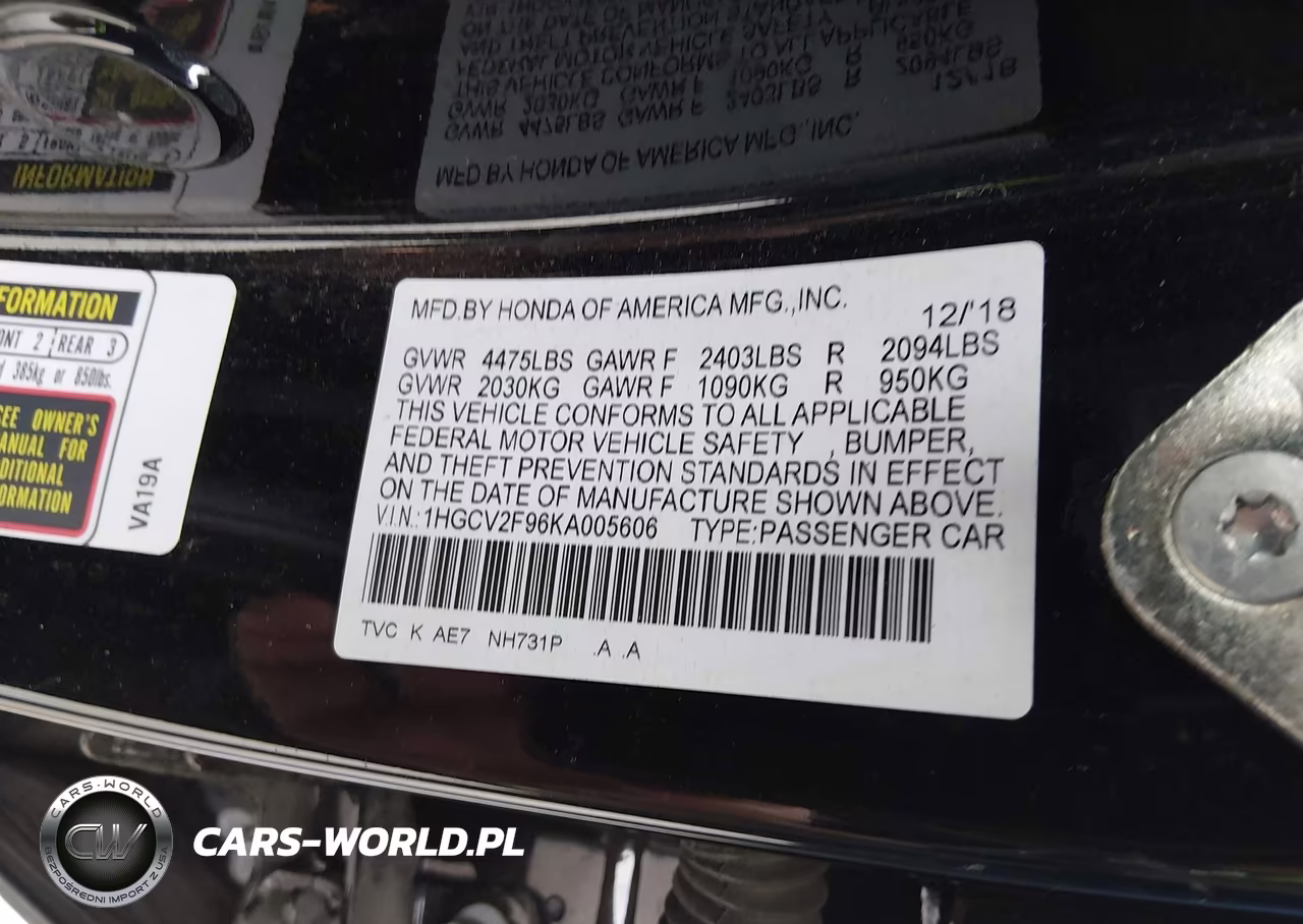 2019 Honda Accord Touring 2.0T VIN:1HGCV2F96KA005606 - 9