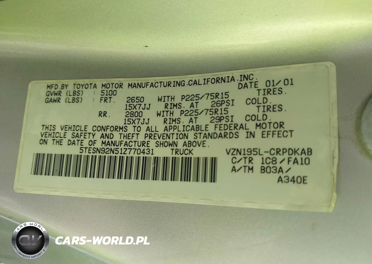 2001 Toyota Tacoma Prerunner V6 VIN:5TESN92N51Z770431 - 9