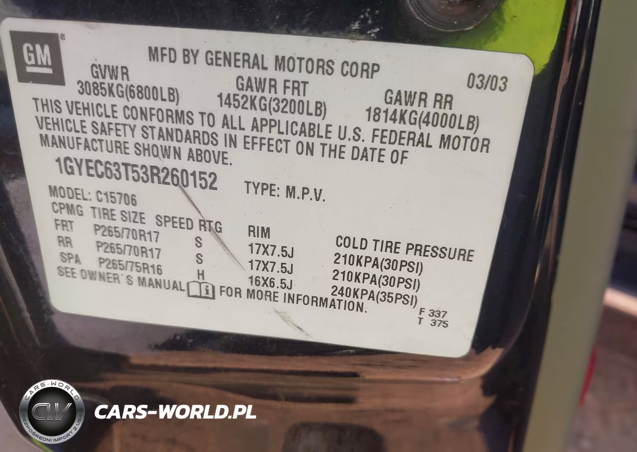2003 Cadillac Escalade Standard VIN:1GYEC63T53R260152 - 9