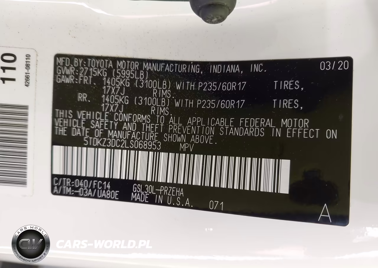 2020 Toyota Sienna Le VIN:5TDKZ3DC2LS068953 - 9