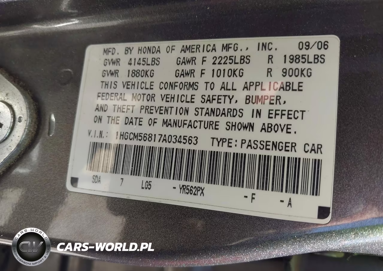 2007 Honda Accord 2.4 Ex VIN:1HGCM56817A034563 - 9