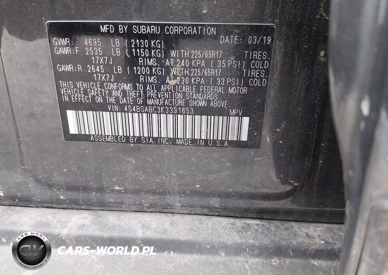 2019 Subaru Outback 2.5I VIN:4S4BSABC3K3331653 - 9