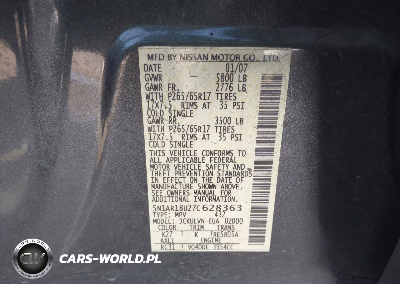 2007 Nissan Pathfinder Le VIN:5N1AR18U27C628363 - 9