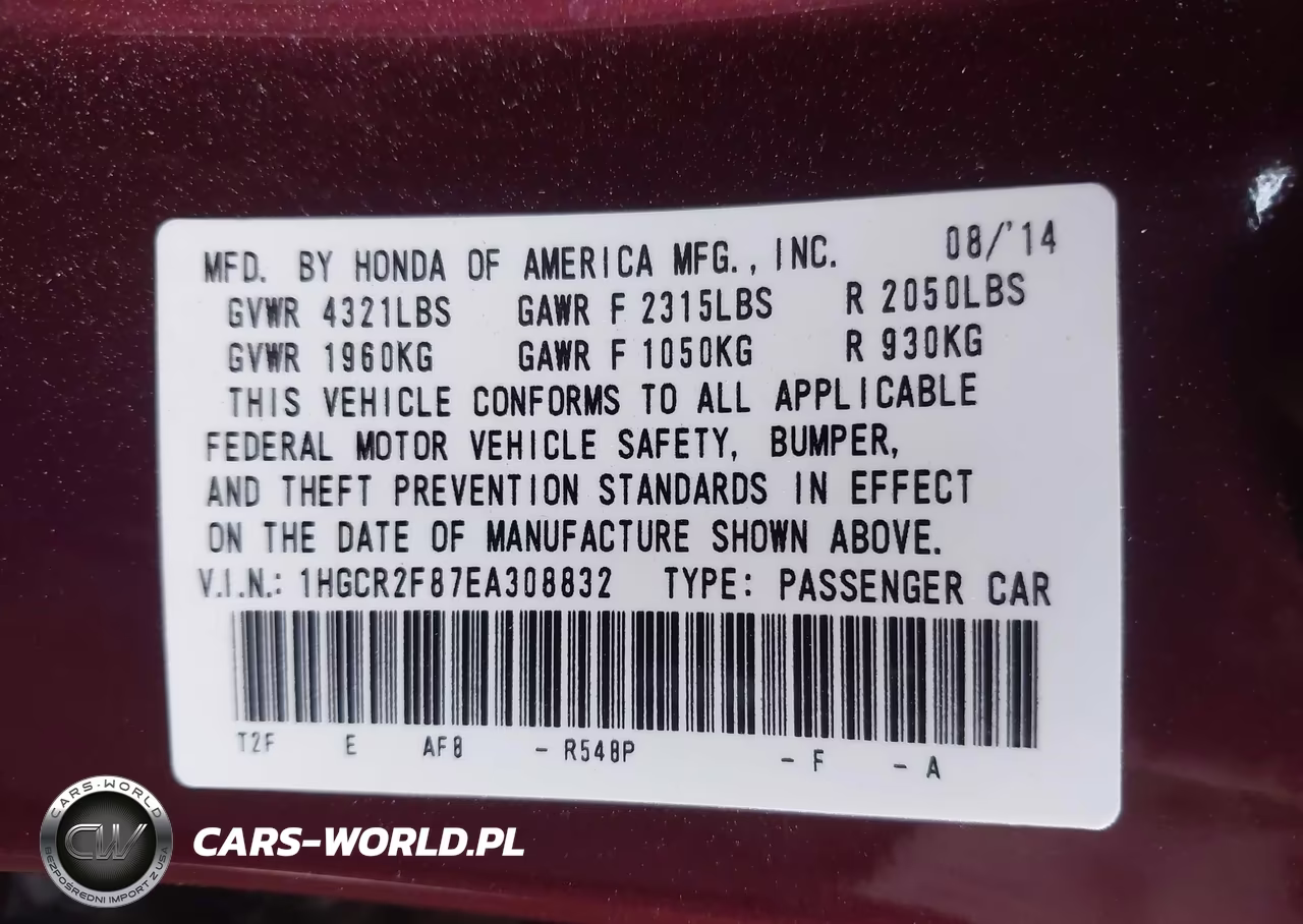 2014 Honda Accord Ex-L VIN:1HGCR2F87EA308832 - 9