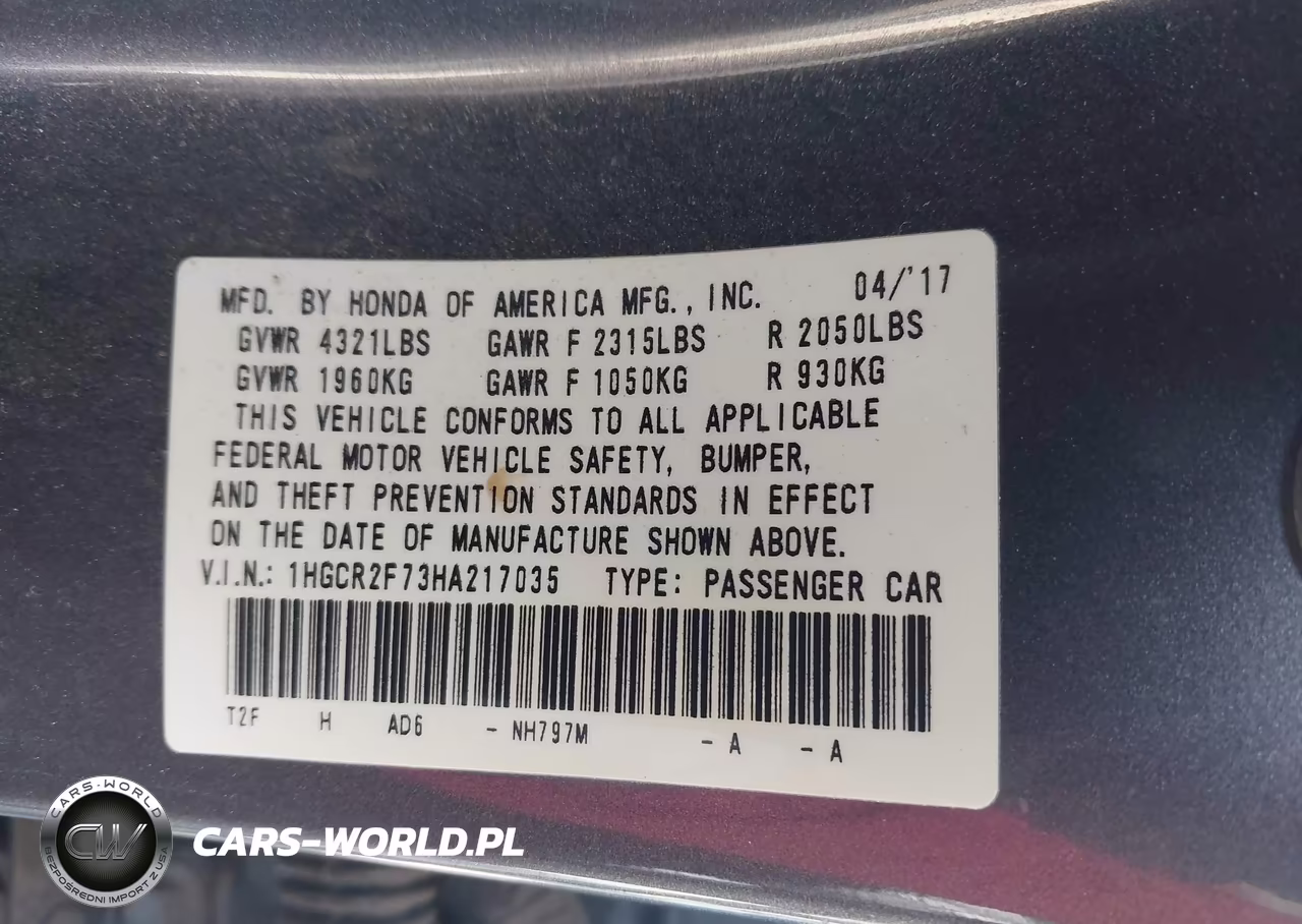 2017 Honda Accord Ex VIN:1HGCR2F73HA217035 - 9