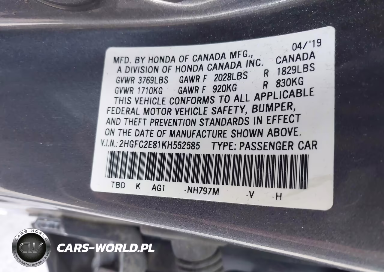 2019 Honda Civic Sport VIN:2HGFC2E81KH552585 - 9
