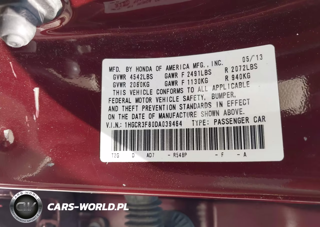 2013 Honda Accord Ex-L V-6 VIN:1HGCR3F80DA039464 - 9